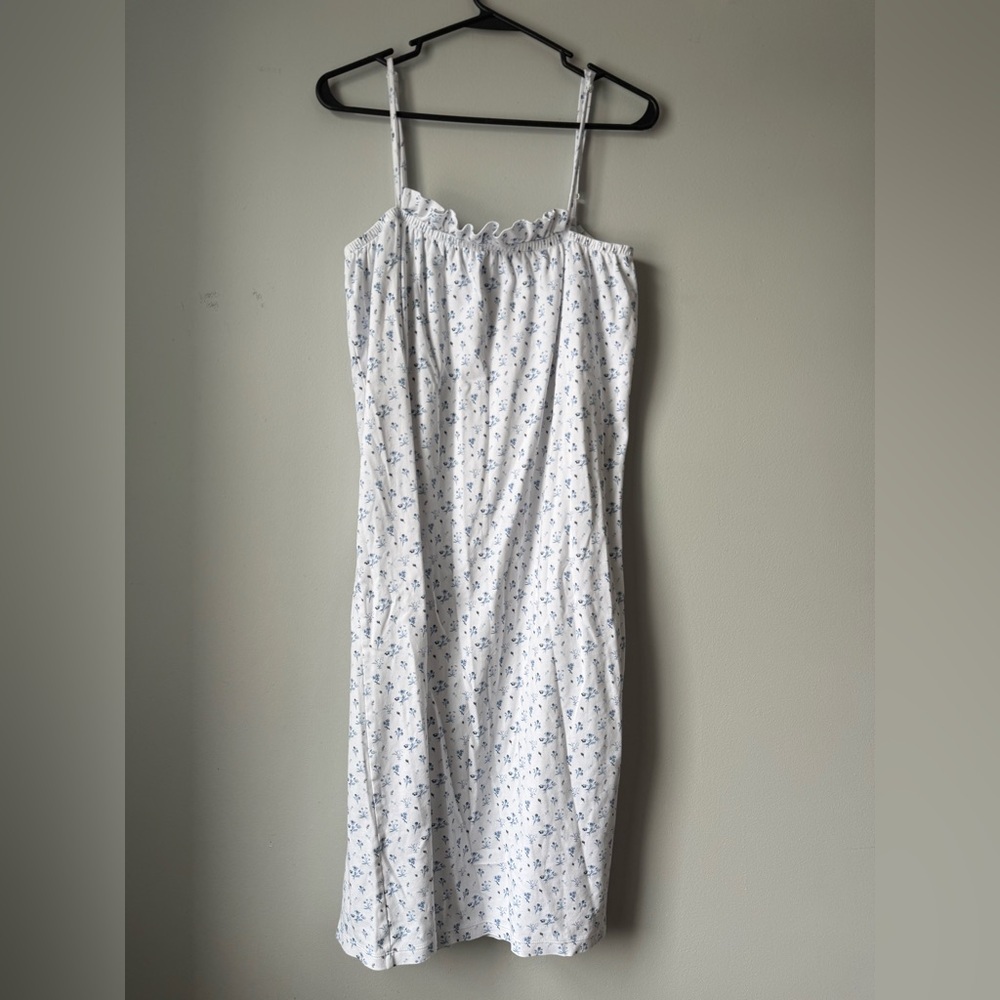 LAKE PIMA COTTON Floral White Blue Ruffle Nightgown Dress Pajamas Sleeveless M - Picture 2 of 12